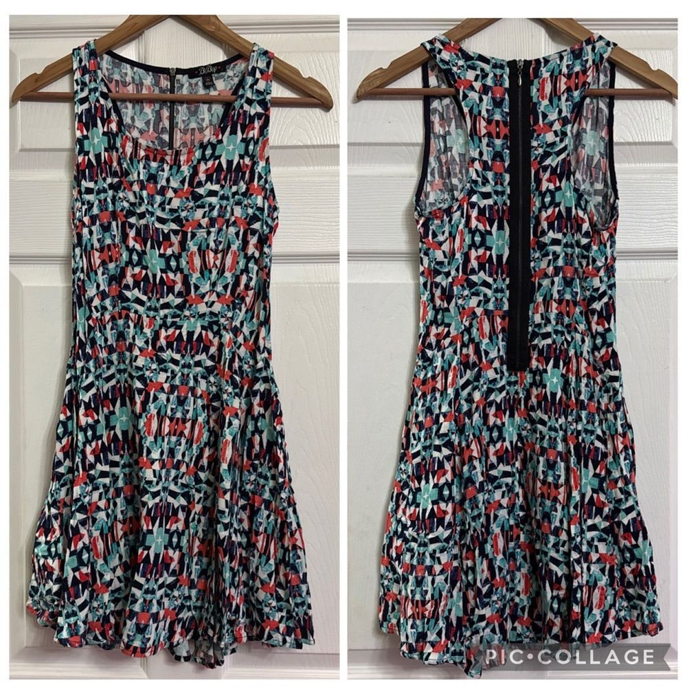 BeBop Y2K Skater Dress Women’s XS Racerback Geometric Print Fit Flare Aqua Coral